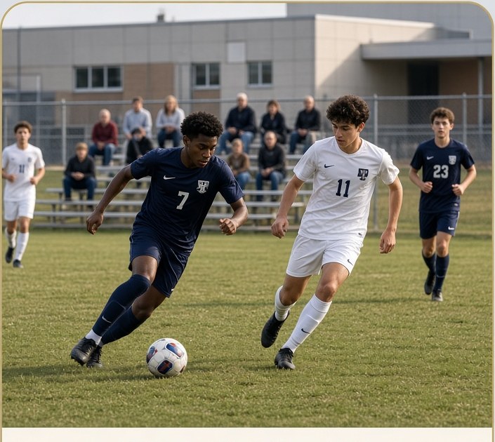 A high school soccer match on a school field.