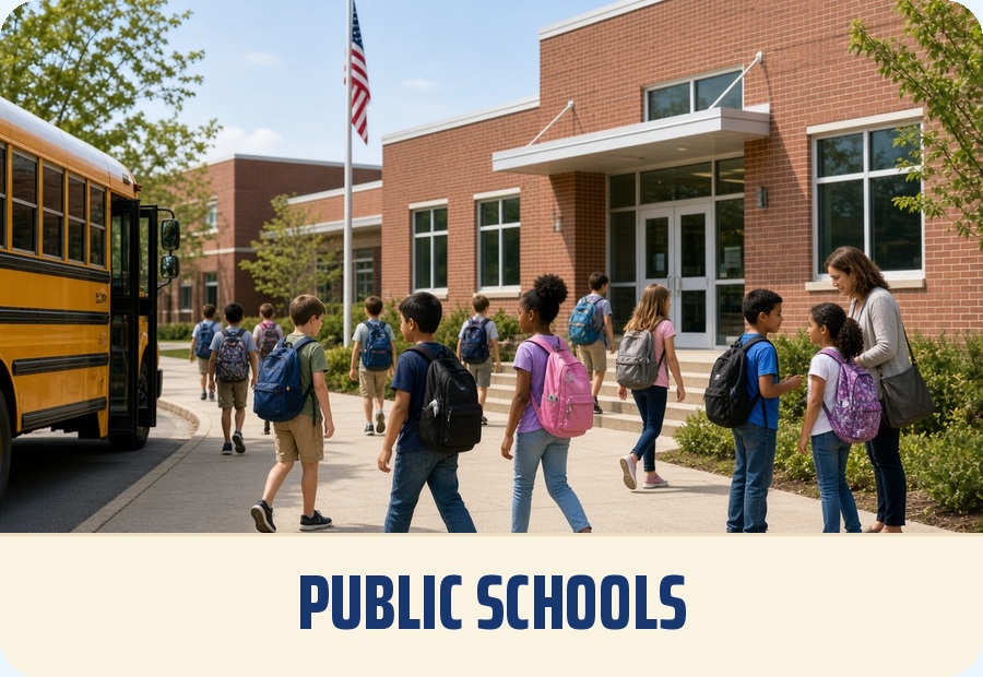 Public schools — students walking into a CCSD building past a school bus