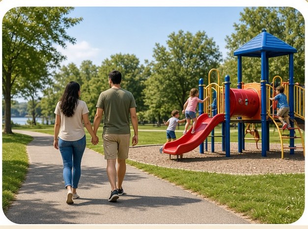 A family walking a park path past a playground in Las Vegas.